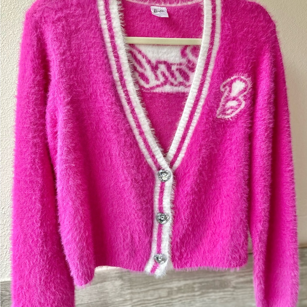Barbie Movie Pink Eyelash Fuzzy Cardigan Sweater with Gemstone Buttons - Sz M
